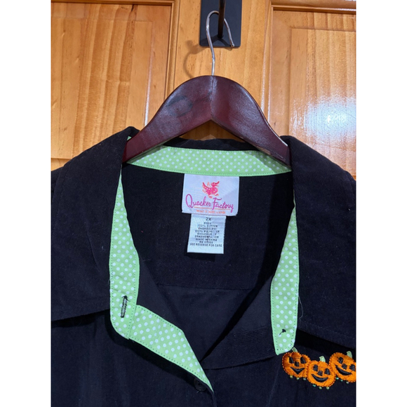 Quacker Factory Halloween Pumpkin Embroidered Black Corduroy Button Down Shirt 2 - Picture 2 of 6